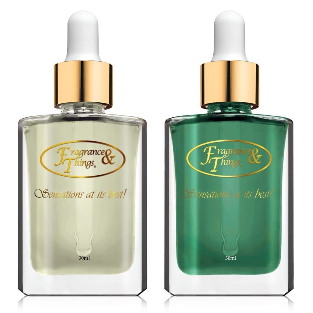 Two fragrance bottles with gold droppers.