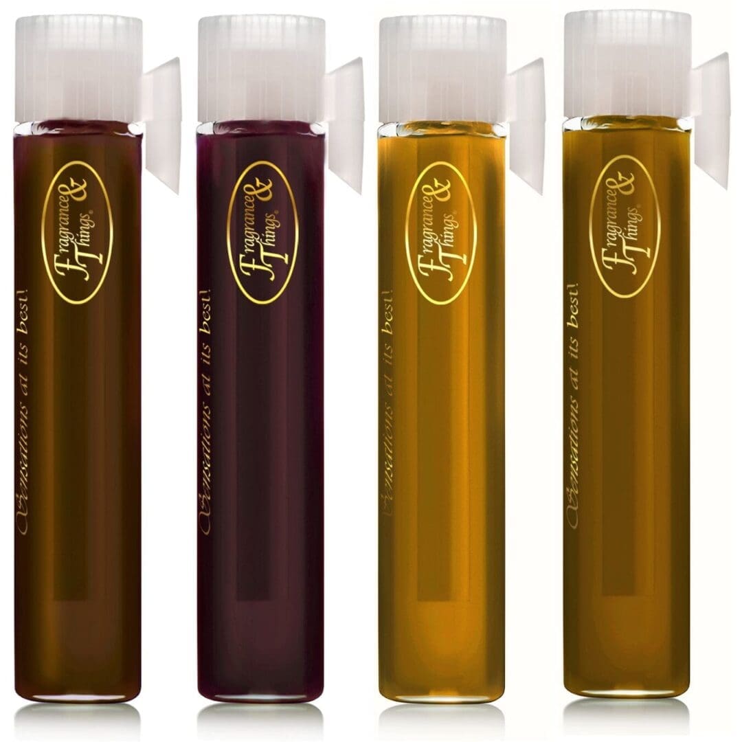 Four glass vials with colored liquids.