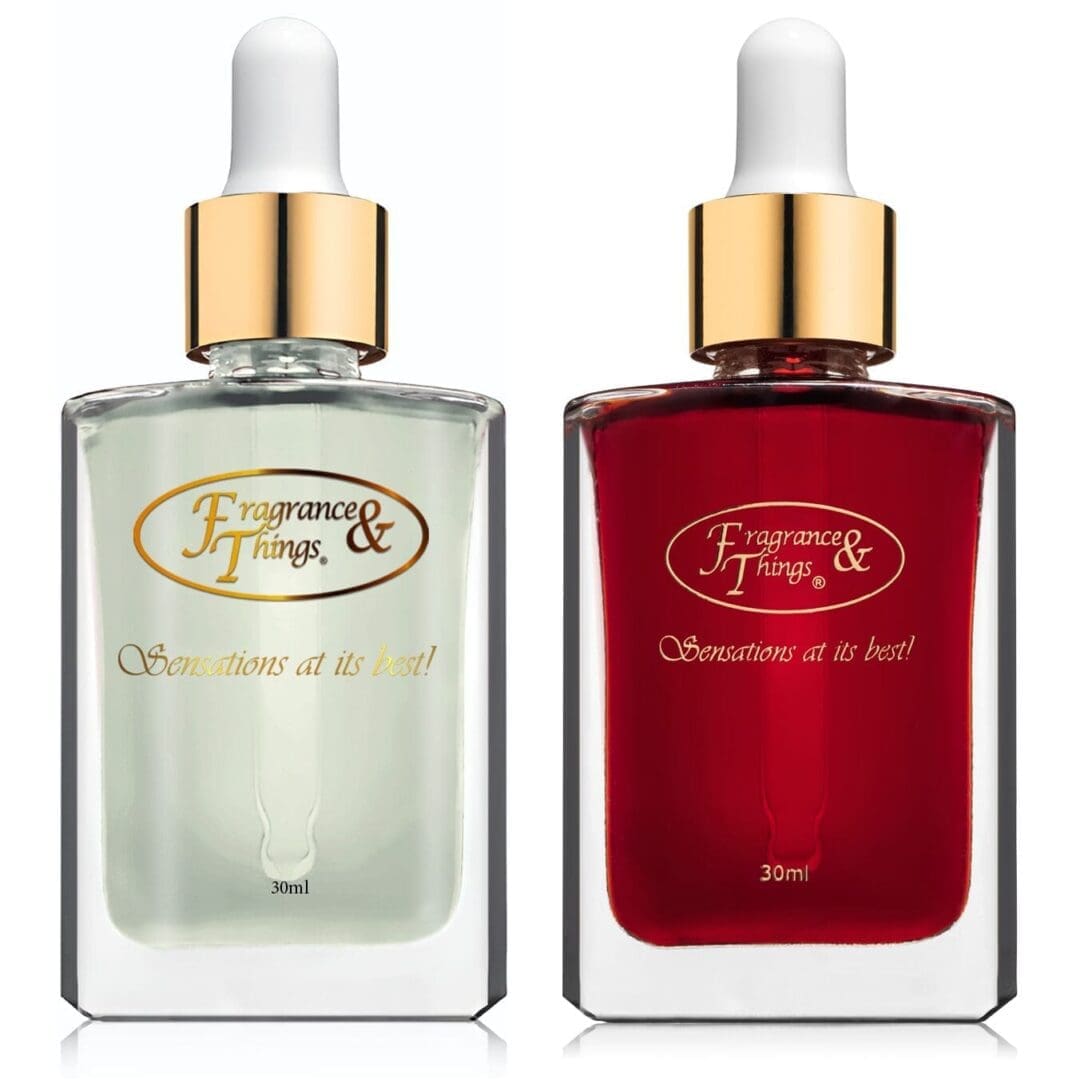 Two fragrance bottles with gold droppers.