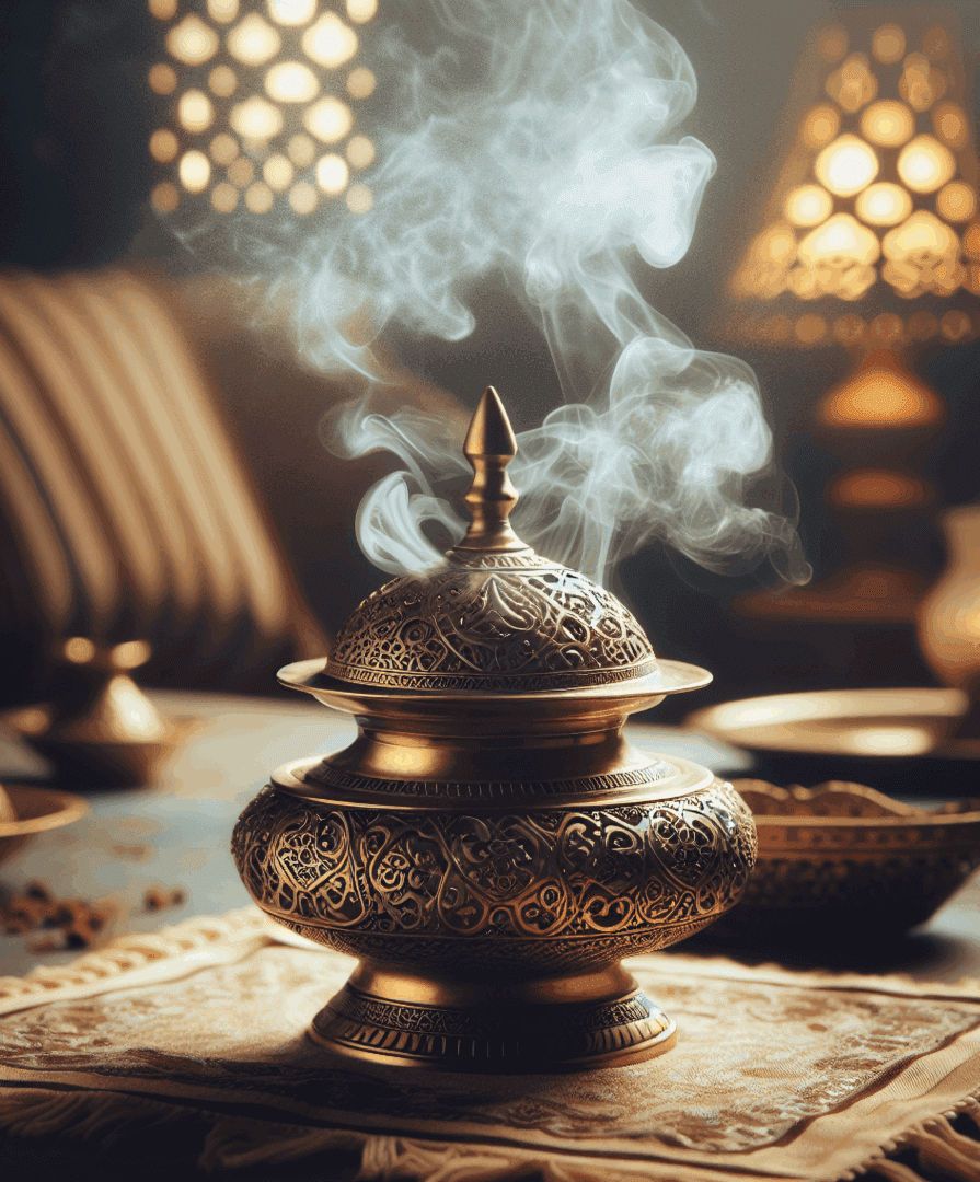 Intricately designed incense burner emitting fragrant smoke in a cozy, warmly lit room.
