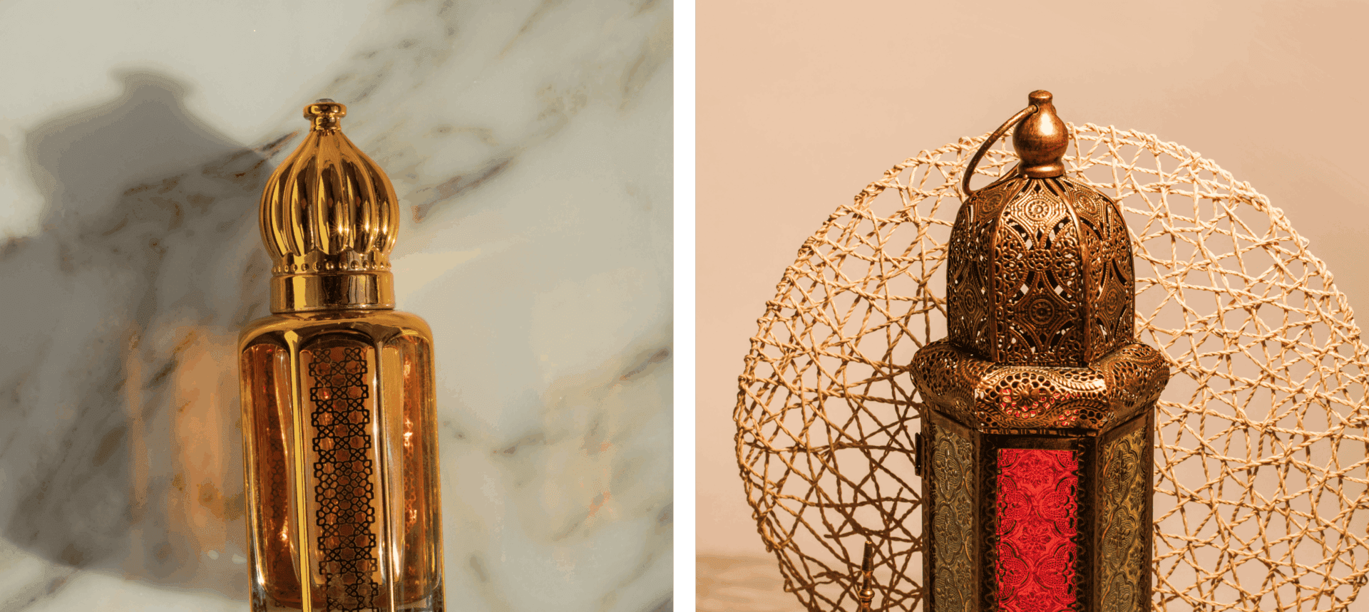 Two decorative lanterns, one amber-colored and another dark with a wireframe sphere.